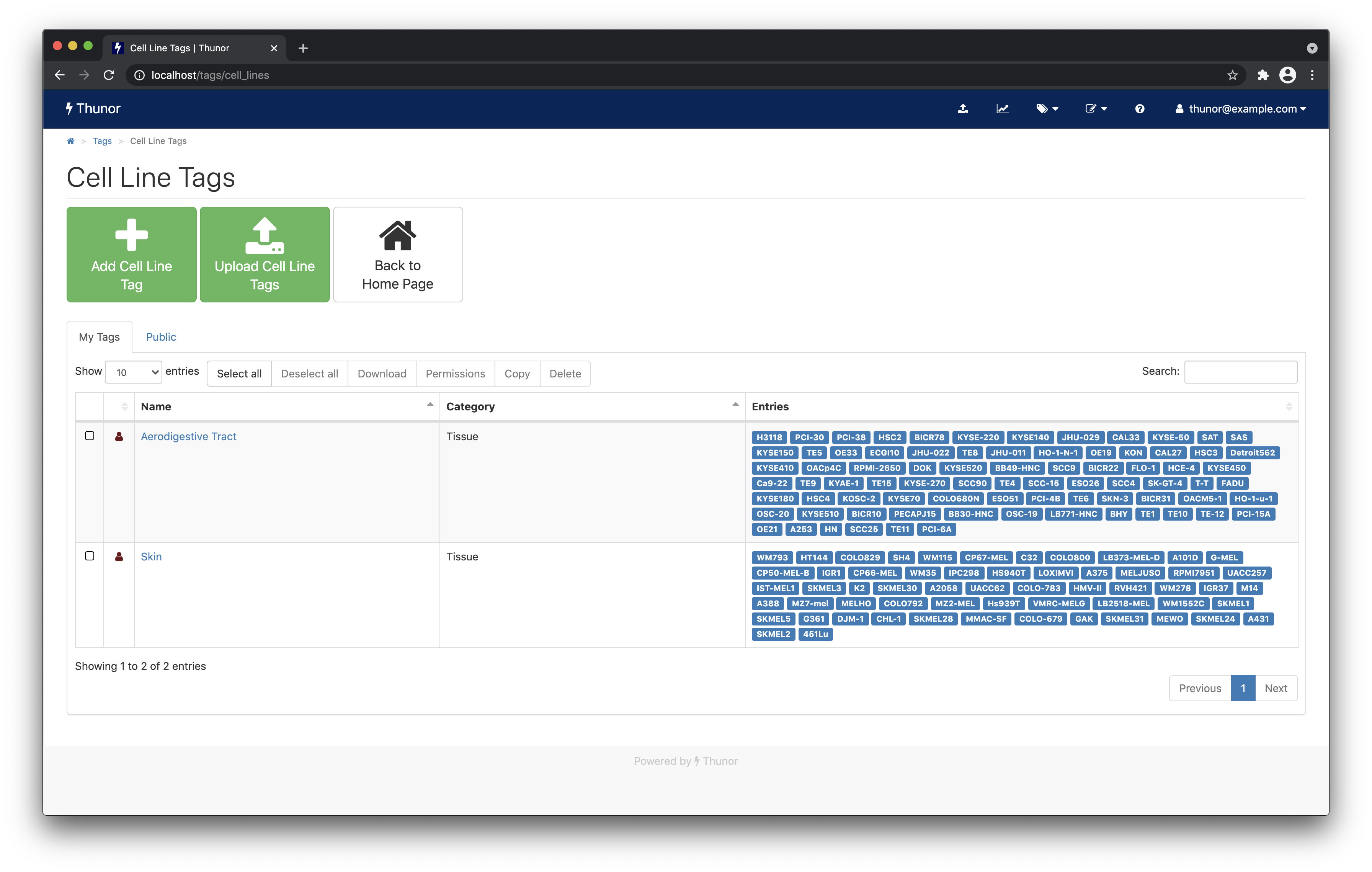 Thunor Web example cell line tags